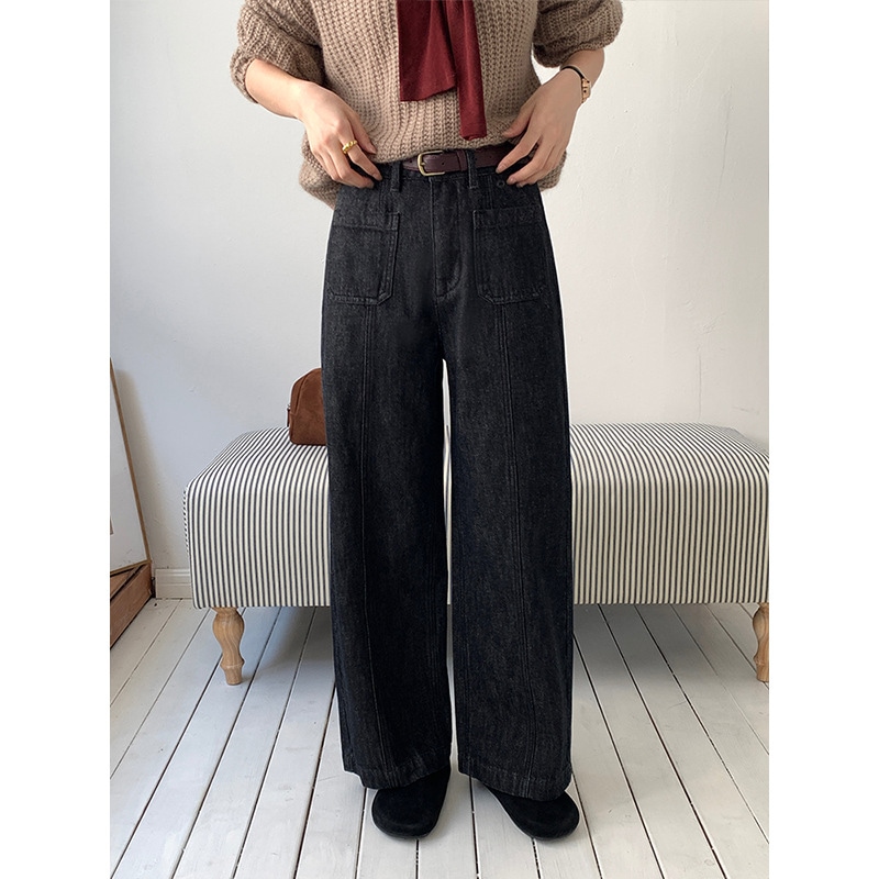 ICC レディース オールマッチ フリース ブラック&ゴールド ストレート スリム ジーンズ レディース 冬 韓国 細身 パンツ 06428C