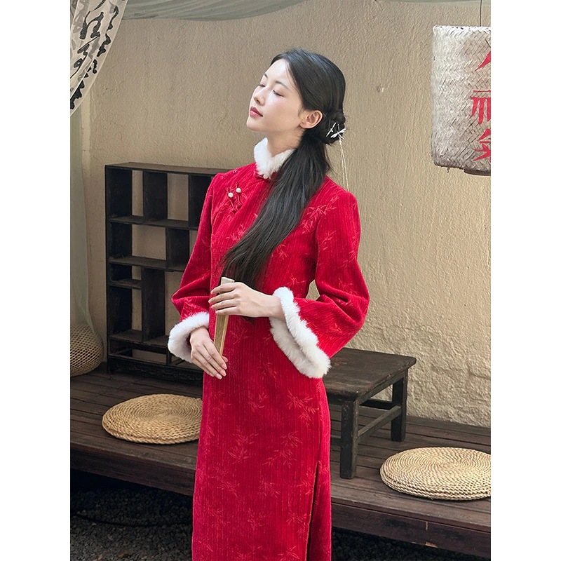 ワンピースドレスドレスブリューワーレッドブライド服チョンサム冬に加えてベルベットの濃厚な婚約と結婚美しい気質新しいスタイルの新年