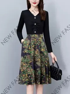 プリントワンピース女性2024年秋新作スリム長袖Vネックスカート-44