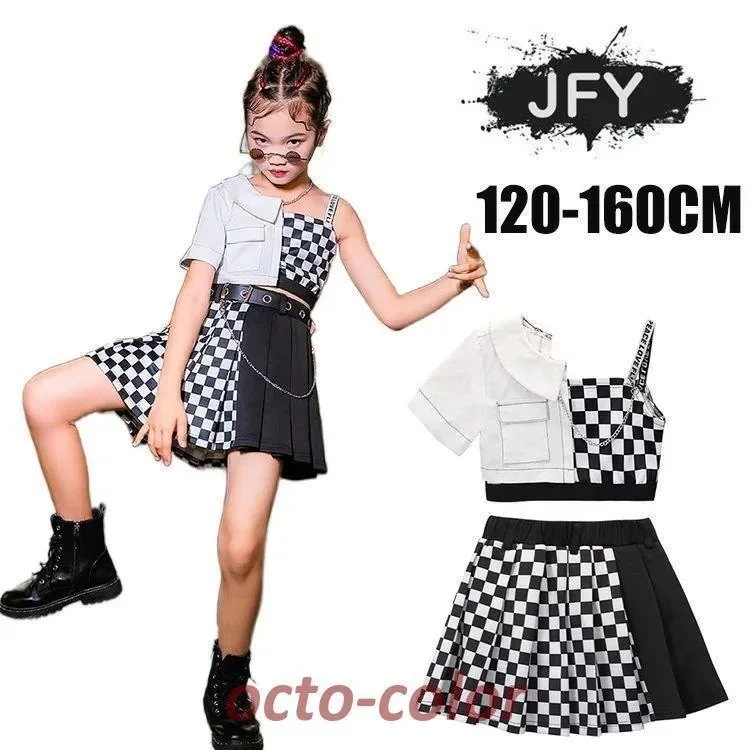 ダンス 衣装 キッズ 韓国 ジャズダンス チアガール ガールズ 黒 白 チェック柄 トップ ショーツ セットアップ へそ出し ヒップホップ 演出服 舞台服 発表会