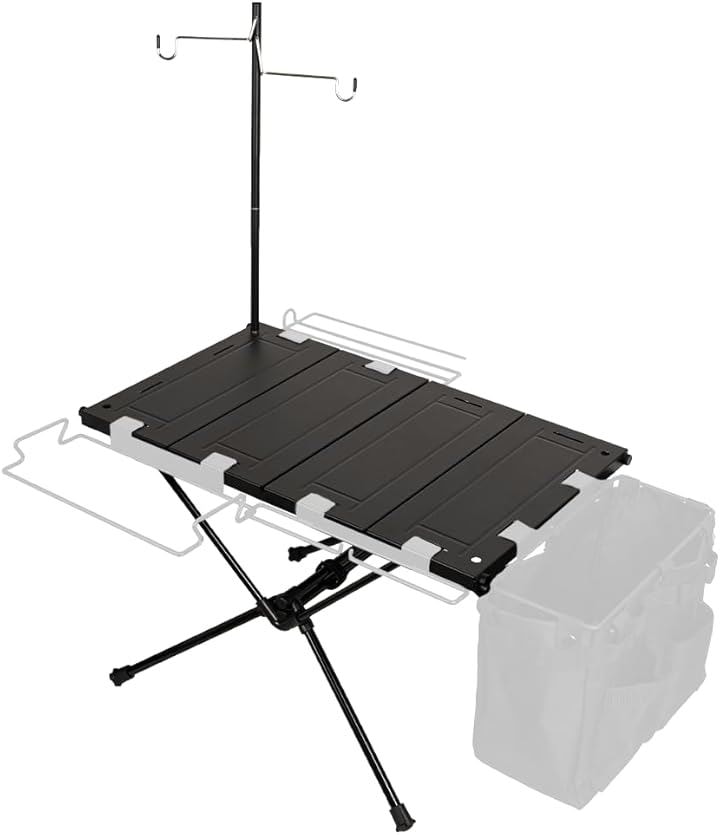 アウトドア キャンプ テーブル アルミ ロールテーブル ランタンハンガー付き 折りたたみ式 ランタンポール付属 ハイキング BBQテーブル( ブラック, アルミ ロールテーブル)