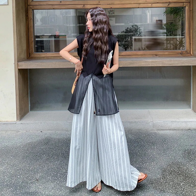 セットアップ 2点セット レディース 黒 網糸トップス+ワイドパンツ おしゃれ 韓国ファッション きれいめ