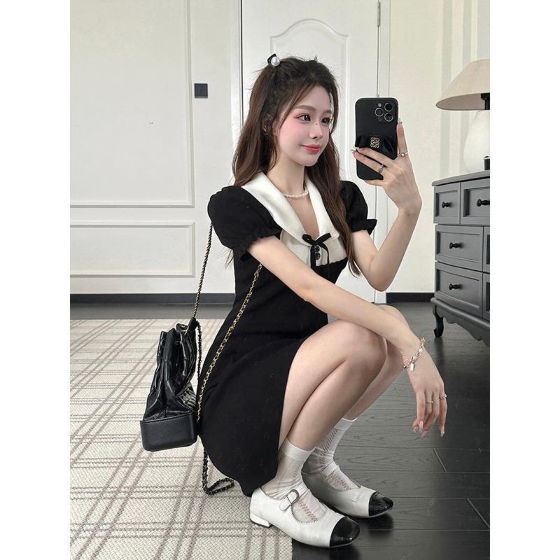 女性のためのフレンチスタイルのポロドレス5夏新しいウエスト痩身リボンニット半袖スカート