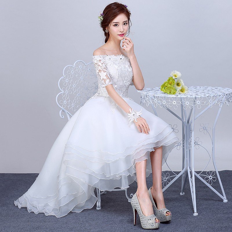 ウエディングドレス エンパイア 半袖 安い トレーンドレス 前ミニ ウェディングドレス ロング 結婚