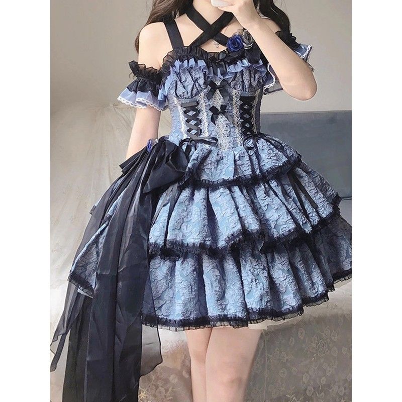 黒と青のゴシック風三段犬ショートロリータドレス女性jskドレスロリータ重工プリンセスドレス