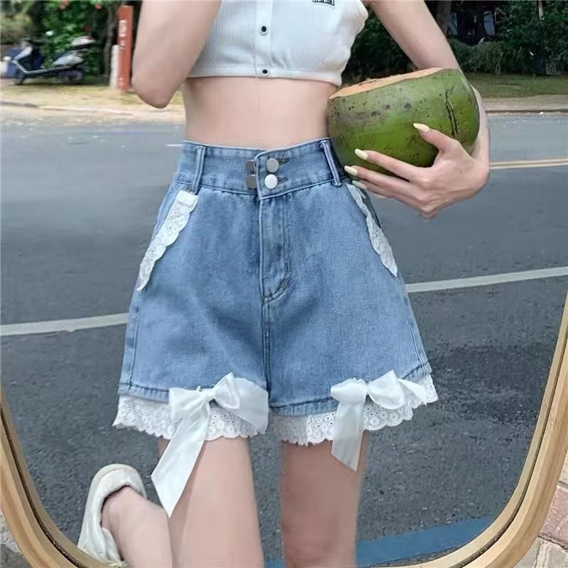 【1点ご購入 で10点プレゼントいたします】甘欲風リボンデニムパンツ少女薄手パッチワークレースハイウエストスリムパンツ