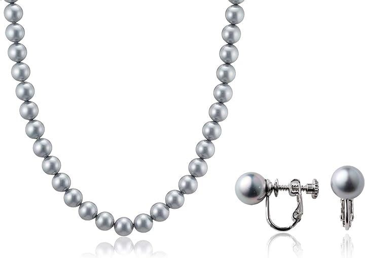 人工真珠 ナチュラル パールネックレス 冠婚葬祭 日本製( グレーイヤリングセット, ［02］ 全長42cm)