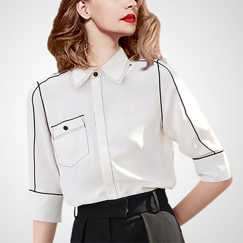 シャツ ブラウス カットソー レディース 半袖 襟付き バイカラー ポケット レトロ かわいい 大人可愛い きれいめ シンプル カジュアル 無地 ライン 夏 ママ 学生 デート ホワイト トップス