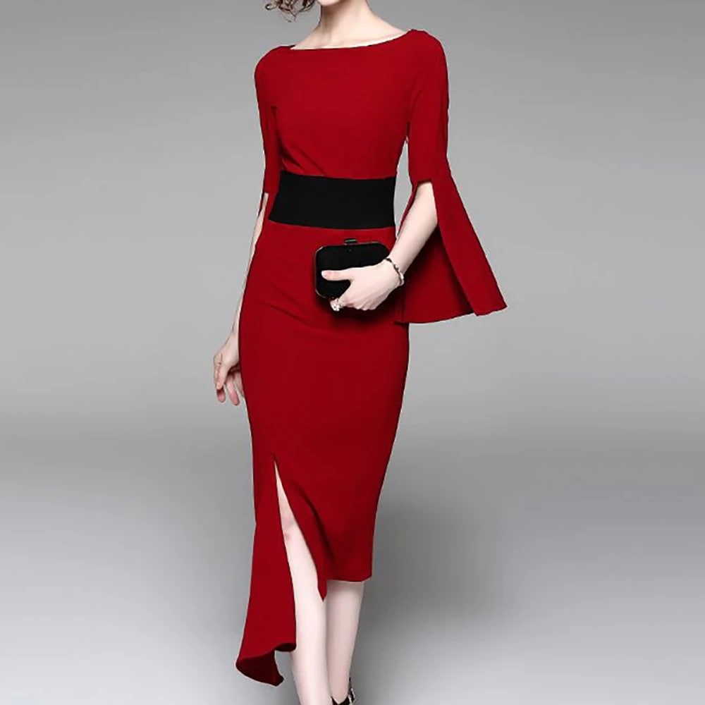 アシンメトリー長袖ドレス ドレス dress ミモレ丈ドレス 膝丈ドレス ワンピースドレス ワンピドレス 膝丈 ひざ丈 袖あり 長袖 フレアスリーブ ラウンドネック Iライン 切り替えデザイン 6,872円