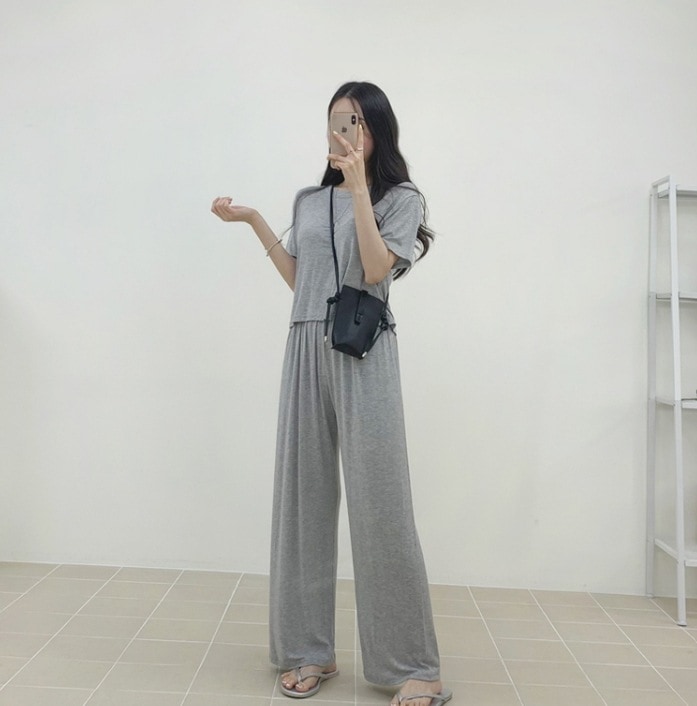 セットアップ トップス ボトムス パンツ ルームウェア Tシャツ ズボン 部屋着 ワイドパンツ ロング丈 半袖 ラウンドネック スリム 細身 ポケット ウエストゴム 楽天市場】 クール Tシャツ セットアップ 全4色!接触冷感 送料