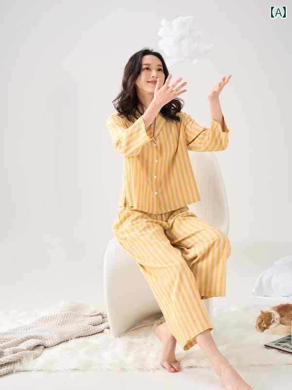 パジャマ　レディース　上下 Yue Lingrong パジャマ レディース 春秋 24 夏 ストライプ 高級 和風 洗い コットン リネン ルームウェア セット
