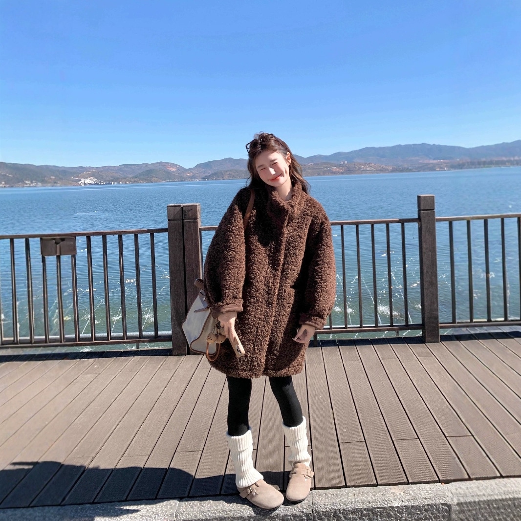 ファーコート レディース 冬 ファー一体型 環境に優しいファー 暖かい スタンドカラー ミドル丈 ゆったり ラムウールコート 5,202円