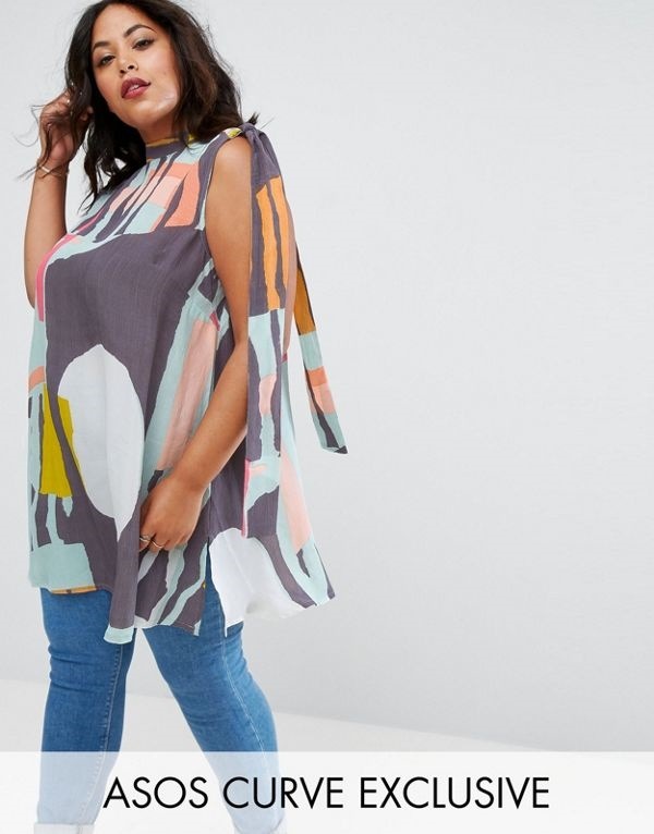 ASOS エイソス レディース 大きめサイズ ゆったりサイズ 送料無料 Multi CURVE Tunic with Tie Sleeve in Contemporary Print