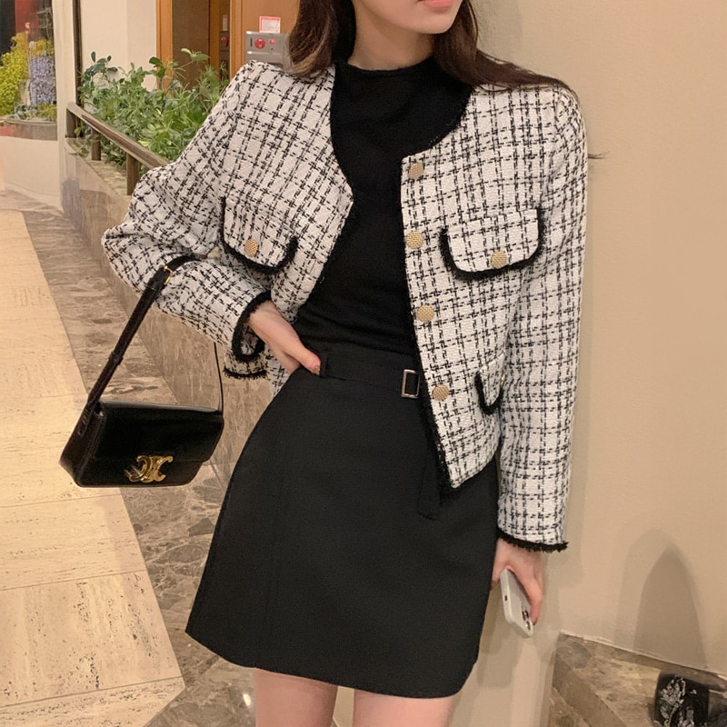 [tjk0423] 韓国ファッションラウンドツイードジャケット