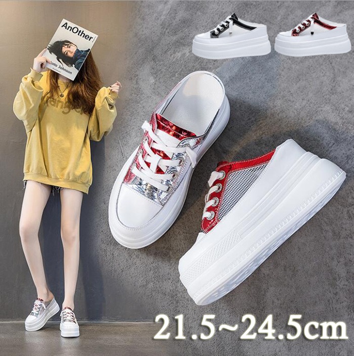 送料無料　スニーカー 厚底スニーカー　サンダル　スリッポン スニーカー 厚底 フラットスニーカー ヒール8cm　インヒール スニーカー レースアップ　シューズ レディース 靴　編み上げ痛くないフラ 5,621円