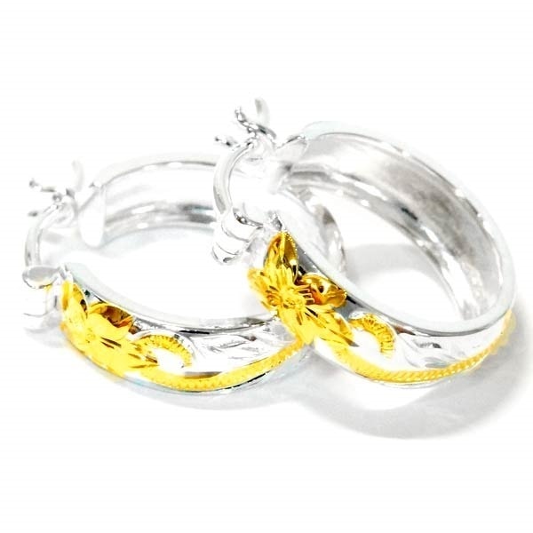 ハワイアンジュエリー サークル フープピアス プルメリア 花 スクロール 波 イエローゴールド ペアカラー レディース シルバー925