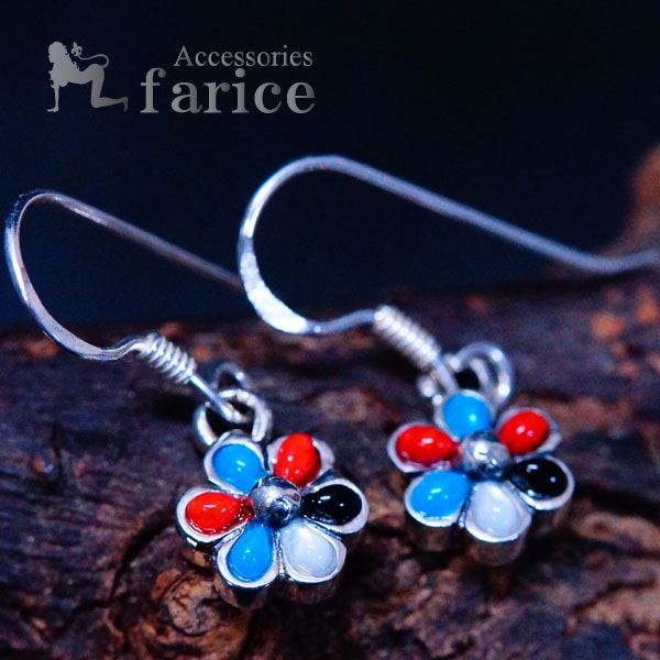 インディアンジュエリー ピアス ズニ族 花 フラワー オニキス ターコイズ コーラル シェル 天然石