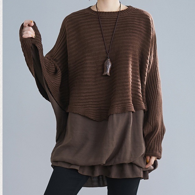 トップス セーター 長袖 ラウンドネック プルオーバー ミディアム丈 切り替えデザイン 重ね着風 かわいい 大人可愛い きれいめ シンプル 上品 おしゃれ かっこいい カジュアル こなれ感 個性的