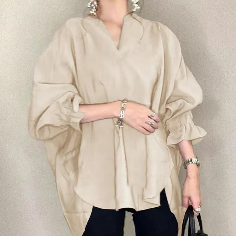 【輝いて超人気】 秋 シンプル 無地 長袖 Vネック プルオーバー ランタンスリーブ シャツ