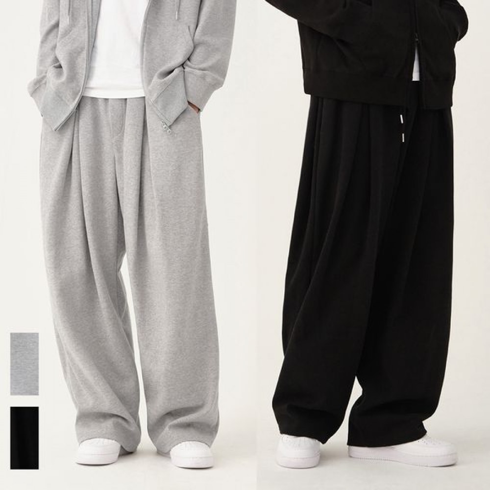 [ジンマニア] ユニセックスウエストバンド 4ピンタックルーズワイドトレーニングパンツ (グレーブラック)