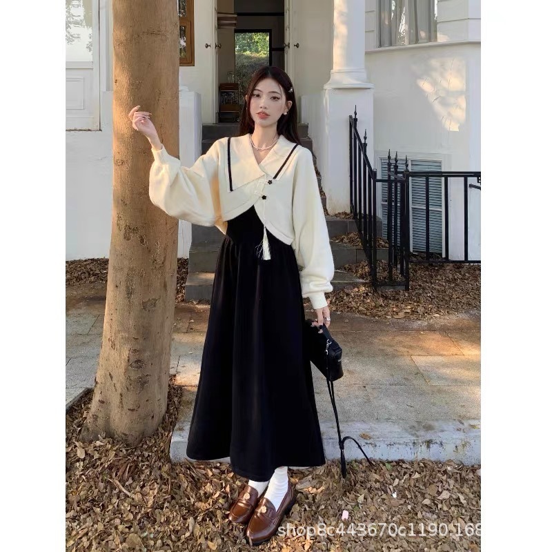 ハイエンドのカスタマイズ-新しい中国風の国民風のスーツ怠惰なルーズ長袖セータートップ女性の秋と冬の黒のサスペンダードレス2点セット