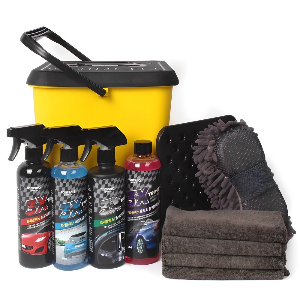 [韓国製]TRIPLE-XセルフALL-IN-ONE洗車用品12種ビギナーズセット/カーシャンプー+バスケットセット+ガラス洗浄剤+光沢剤+ホイールクリーナー+スポンジ+雑巾4枚