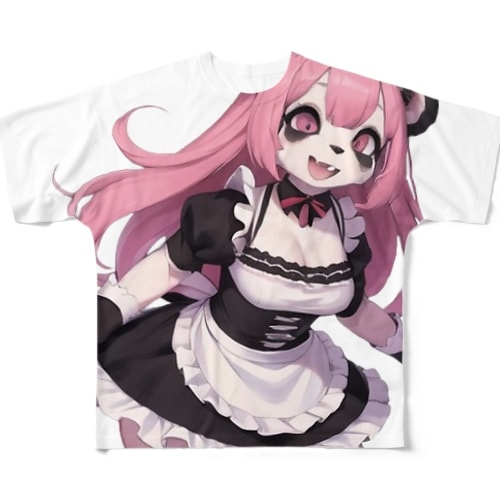 【文字入れ可能受注生産】パンダの女の子　メイド　ケモナー　ピンク髪 フルグラフィックTシャツ