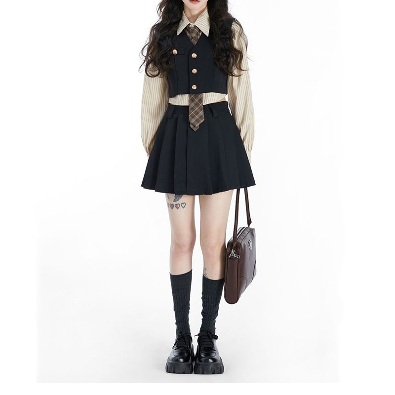 春と秋向けのレトロスタイルのプレッピーなレディース 3 ピース セット: 長袖シャツベストハイウエストのプリーツ スカート