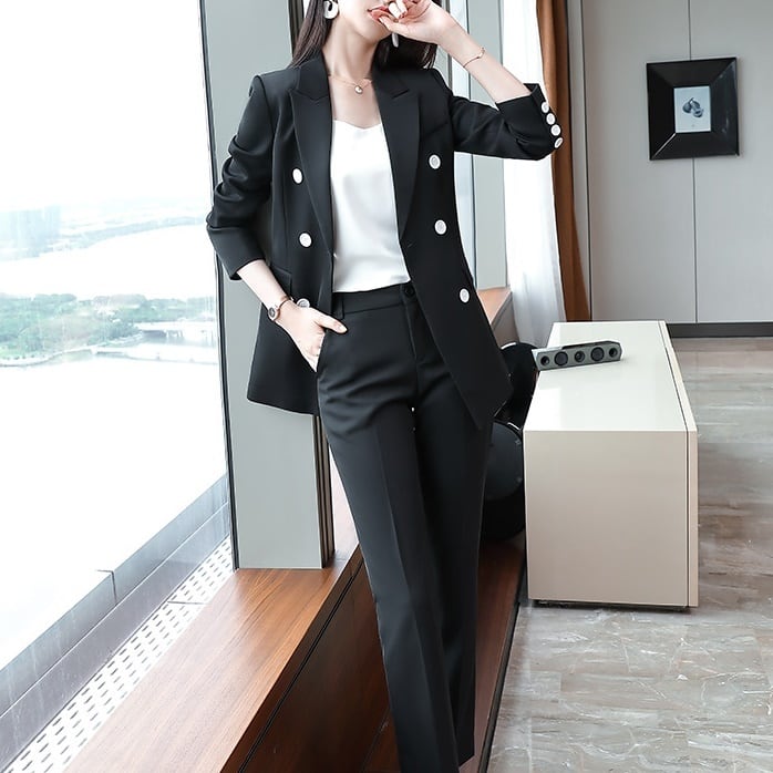 セットアップ ジャケット 上着 スーツ ロング丈 袖あり 長袖 スラックス バイカラー センタープレス スリム アンクルパンツ タイト 上下セット 2点セット ツーピース かわいい 大人可愛い lsu