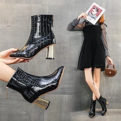 2025柄 レディース 大きいサイズショートブーツ ポインテッドトゥ 太ヒール チャンキーヒール