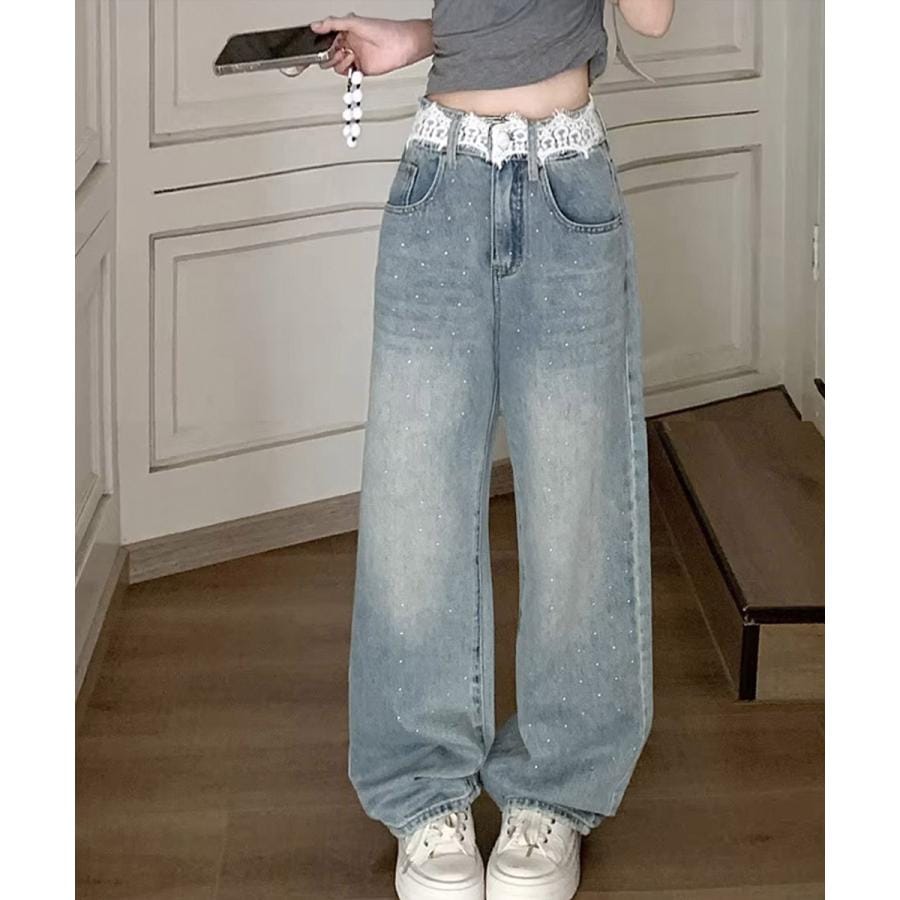 レースウエストデニムパンツビジューデニム【ゆうパケット】 5,206円