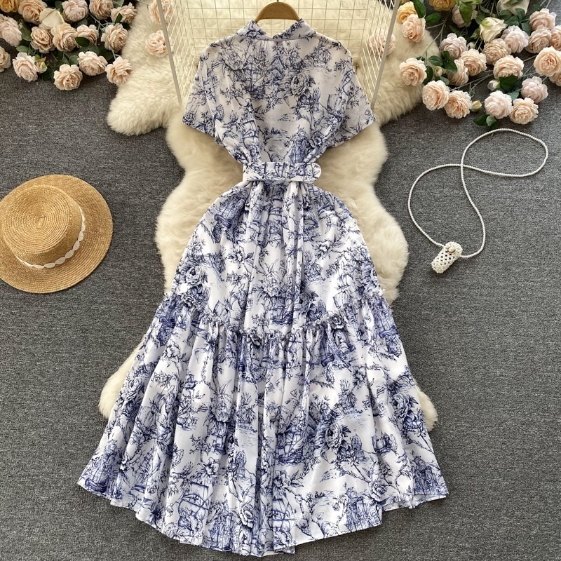 繊細イラストデザイン ロング ワンピース ドレス ウエストマーク ワンピ レディース ロングワンピ マキシワンピース マキシ丈 リゾートワンピース リゾートドレス サマードレス ロングワンピース ロン