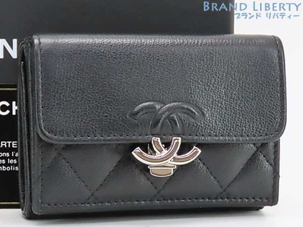 美品シャネルマトラッセココマークソフトキャビアスキンプッシュロックナノウォレットミニウォレット三つ折り財布