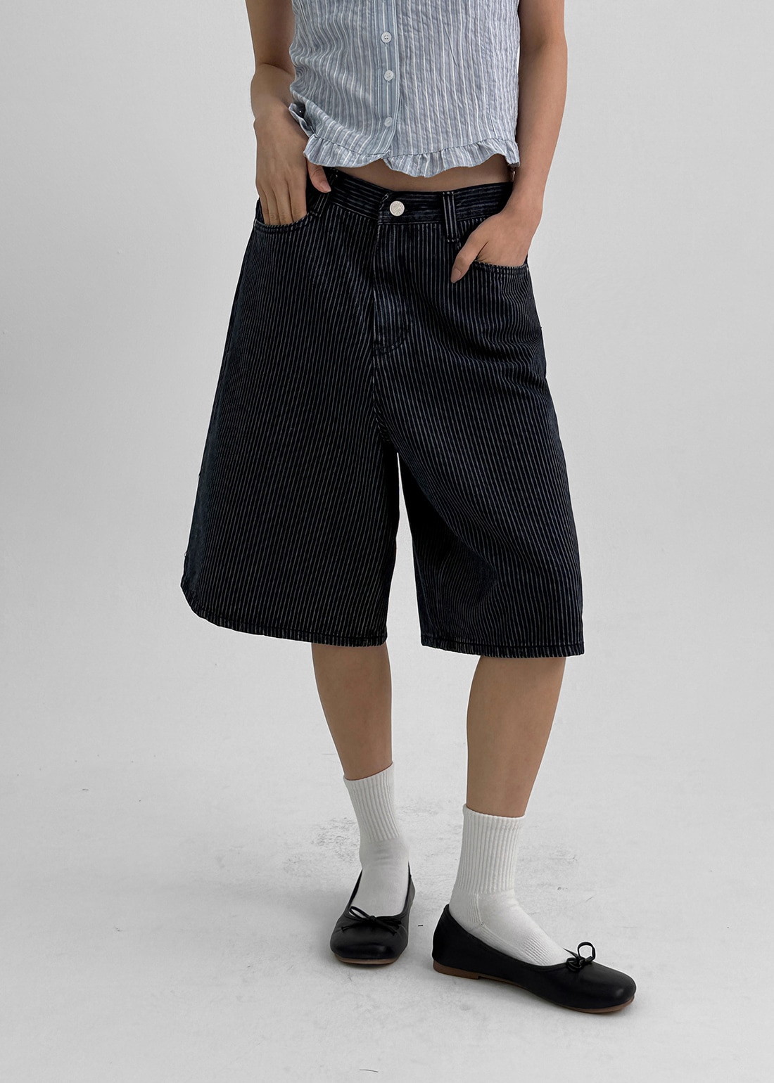 ジップロストライプバミューダデニムパンツ