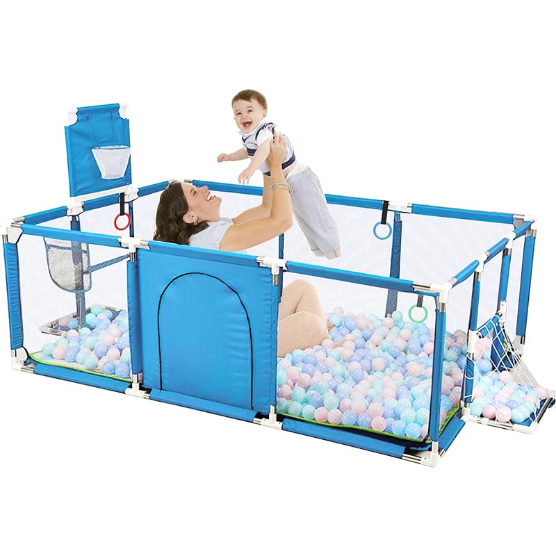 Annhua ベビーサークル ベビーフェンス 子供サークル メッシュタイプ キッズパーテーション キッズランド 大型 ハイタイプ 室内外対応 簡単組立 ファスナー扉 サッカーゴール バスケットゴール