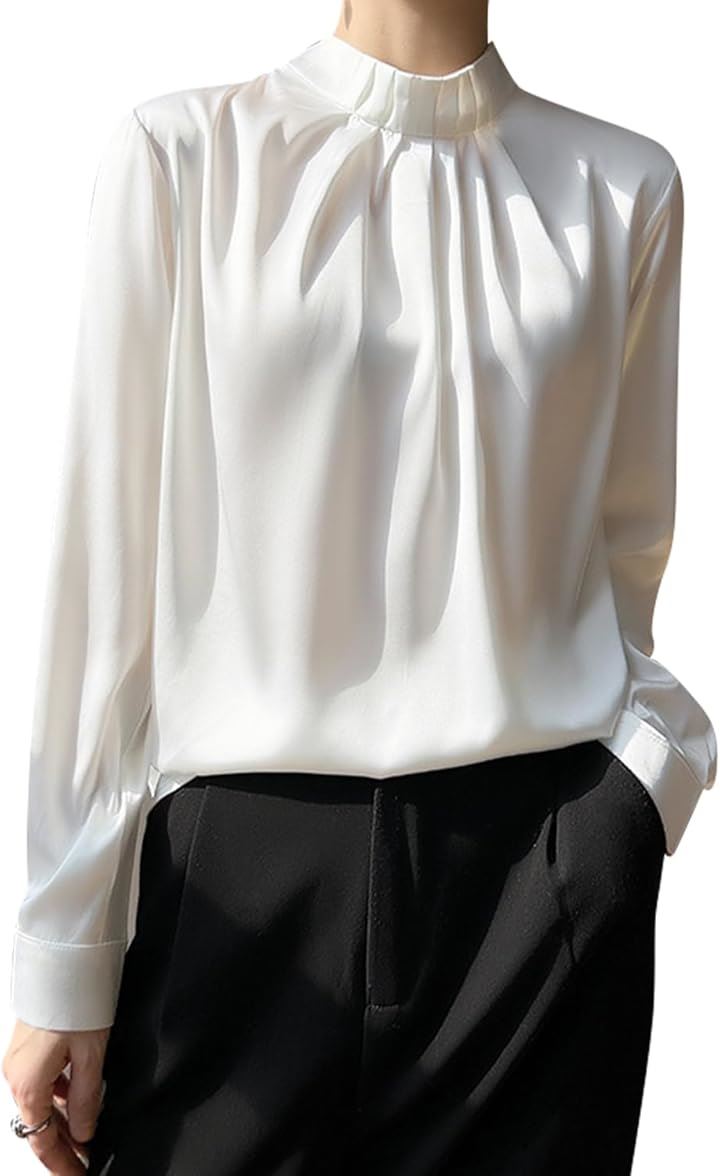 ブラウス レディース シャツ 長袖 プルオーバー サテン シルクタッチ 光沢 エレガント(ホワイト, L)