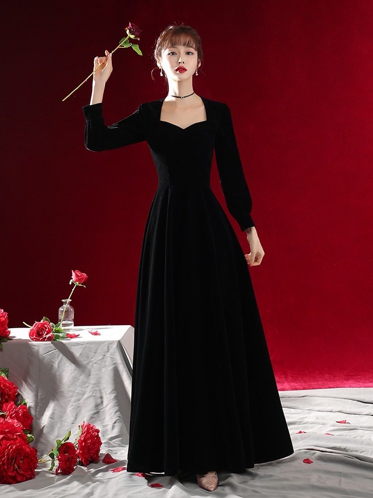 【2枚購入で 3oo円OFF】黒いベルベットのドレス女性衣装長いスリーブ合唱団性パフォーマンス衣類ホストドレス