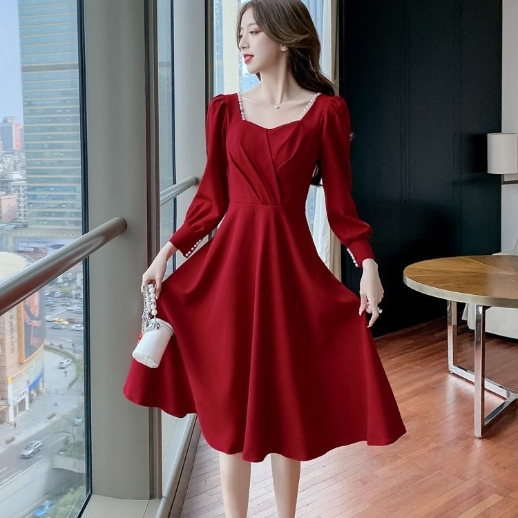 ドレス 衣装 カクテルドレス 披露宴ドレス ミディアム丈ドレス 半袖 パフスリーブ ハートネック ビジュー ウエストマーク フレアスカート ステージドレス 発表会 かわいい 大人可愛い きれいめ