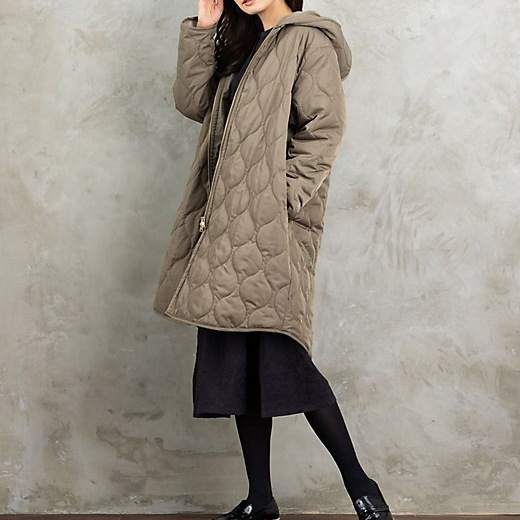 アウター コート ノーカラー キルティング フード付き ミディアム丈 長袖 オーバーサイズ 大人可愛い お洒落 こなれ感 普段使い