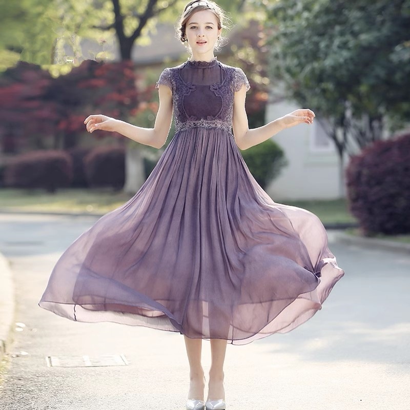 ワンピース ドレス レディース ワンピドレス 襟無し 袖あり 半袖 ハイネック フリル シフォン 透け感 シアー ミモレ丈 スカート 膝下 Aライン エレガント 無地 光沢なし きれいめ