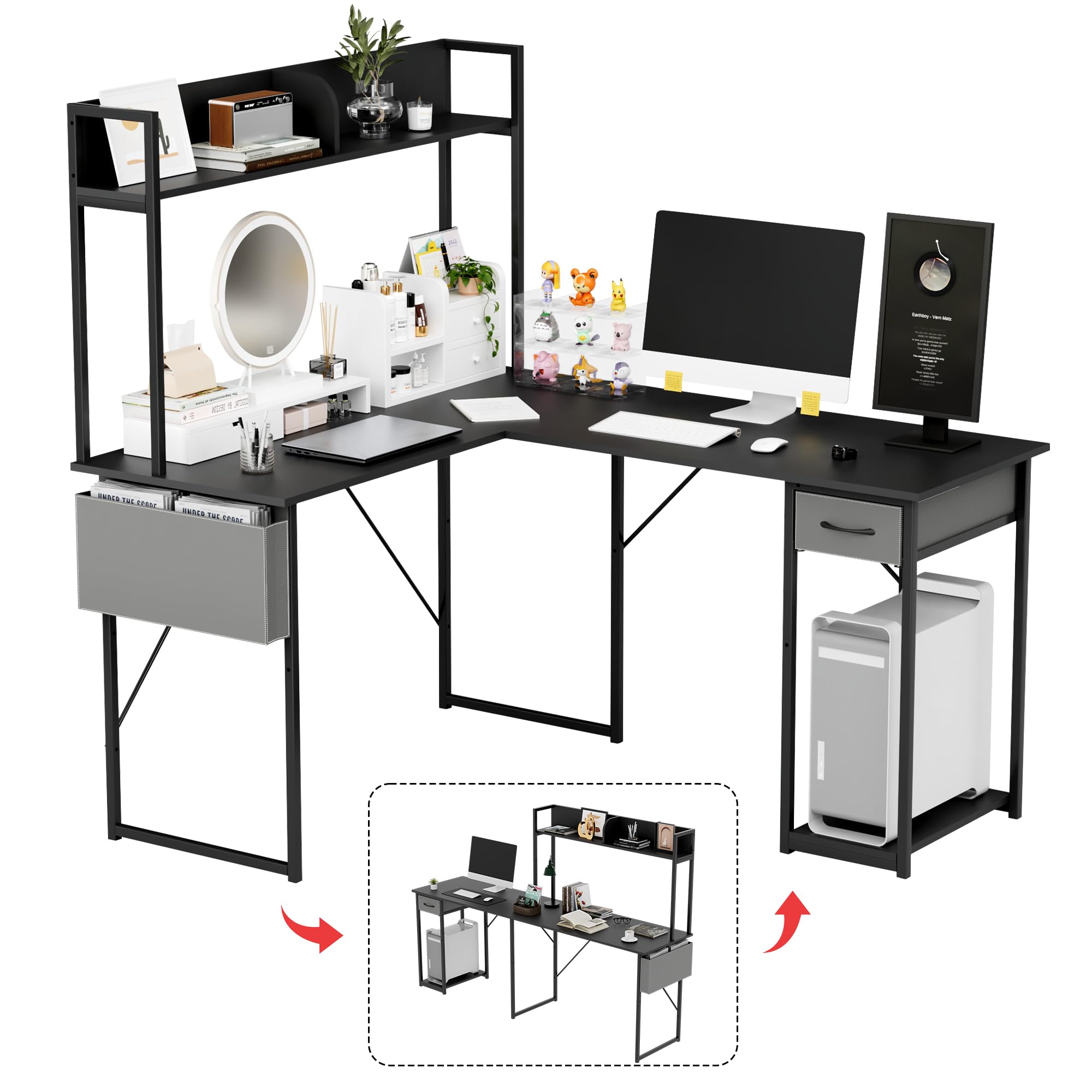 「アレベルト」 L字デスク パソコンデスク ラック付き 机 L型 左右組み換え自由 並べ設置可能 コンセント/棚/PC本体収納 モニターアーム対応 多層収納 l字型デスク オフィス 34975