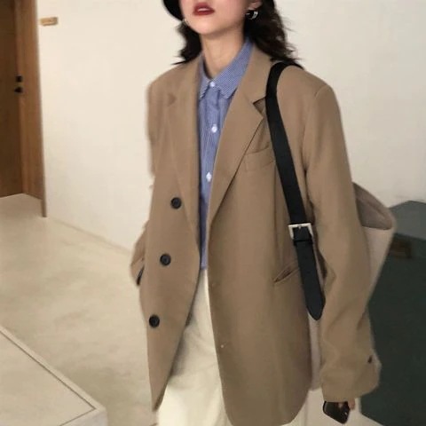 スーツ 黒のスーツのジャケットの女性の春と秋の新しい韓国のスタイルのゆったりしたファッションのシングルブレストのカーキ色の白い学生服