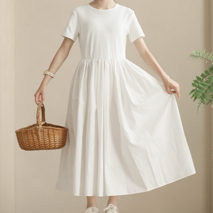 子供服 キッズ 女の子 レディース スカート ワンピース ロングスカート ロング 半袖 ラウンドネック 襟なし Aライン ハイウエスト 薄手 かわいい きれいめ シンプル カジュアル 上品 おしゃれ