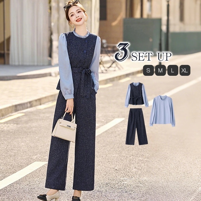 3点セット レディース セットアップ ベスト ワイドパンツ パンツスーツ ベスト 春 秋 レイヤード風 重ね着 ジレーＴシャツ Tシャツ付き シャツ ウエストマーク さらりと心地よい 着痩せ シンプル