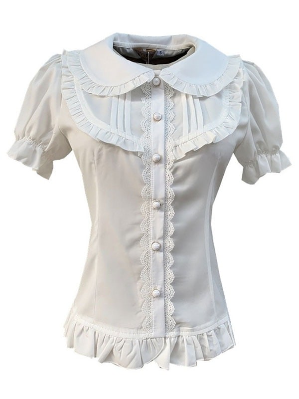 【短納期】甘いロリータブラウスネバーランドフリル半袖ロリータトップライトアプリコットロリータシャツ