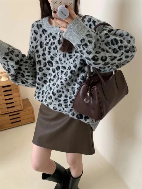 ニットトップス 長袖 セーター ヒョウ柄 レディース大きいサイズ レディース きれいめ 半袖 七分袖 五分袖 無地 冬春 cut and sewn