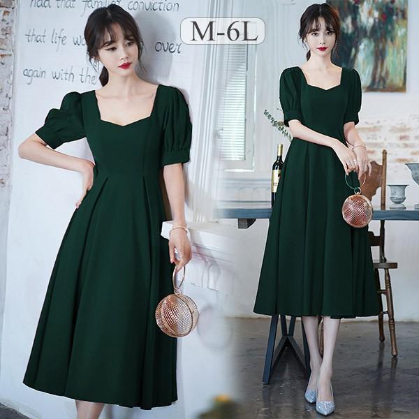 ドレス 大人 ピアノ発表会 ドレス 演奏会 グリーン ミモレ丈 結婚式 大きいサイズ パーティードレス 袖あり