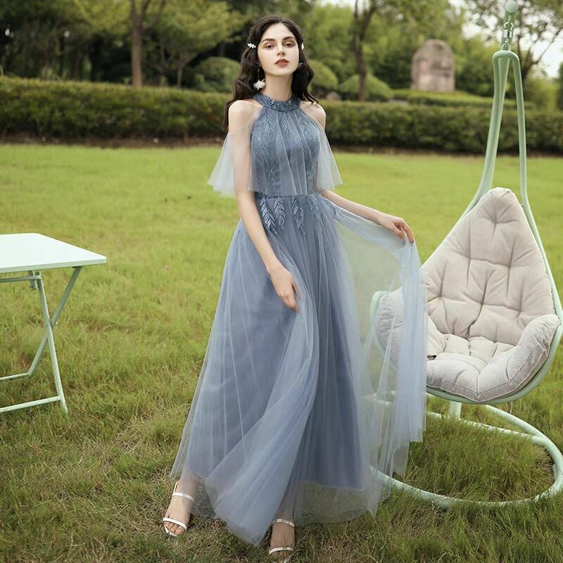ブライズメイドドレスロングロングドレスパーティードレス演奏会ピアノ発表会結婚二次会花嫁コンサート結婚式パーティー女子会ブルー呼ばれ