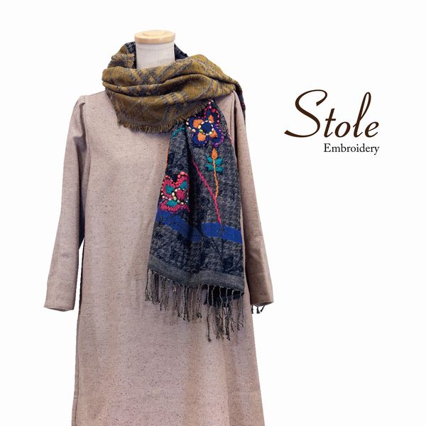 ストール ファッション小物 レディースファッション 厚手 ウール混 刺繍ストール ジャガード織り