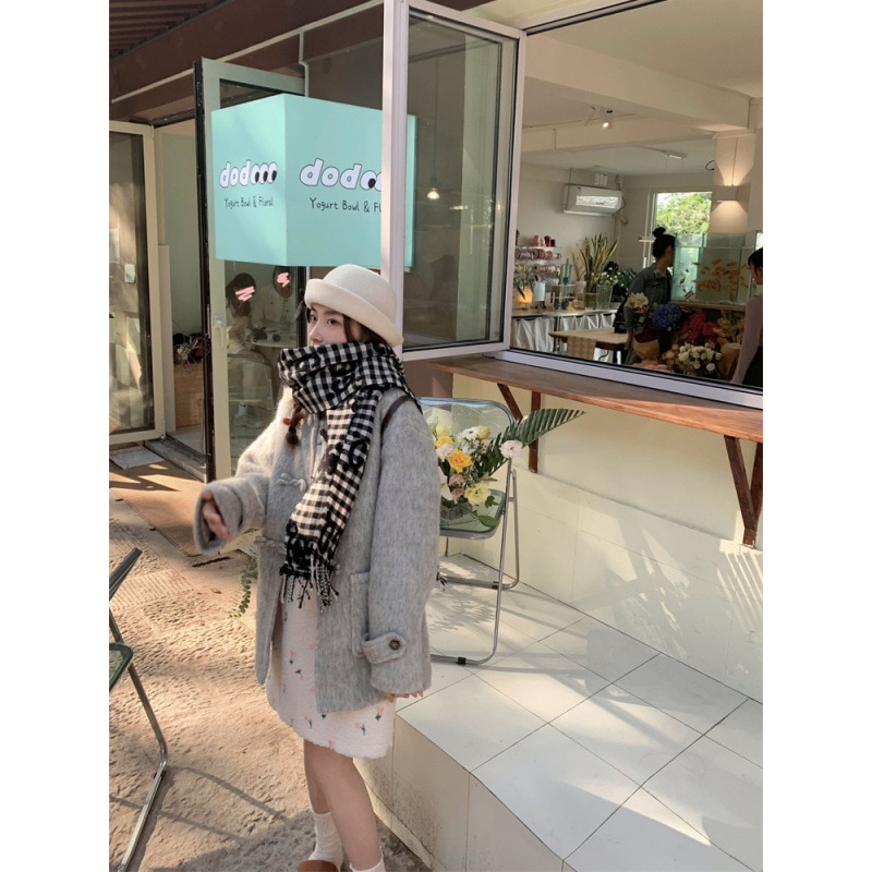 ベルベット感銀花灰小襟牛角ボタン綿コート小背秋冬金厚保温毛コート